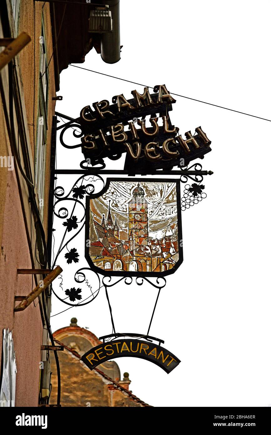 Europe, Romania, Sibiu, Sibiu, Transylvania, sign, restaurant Stock Photo