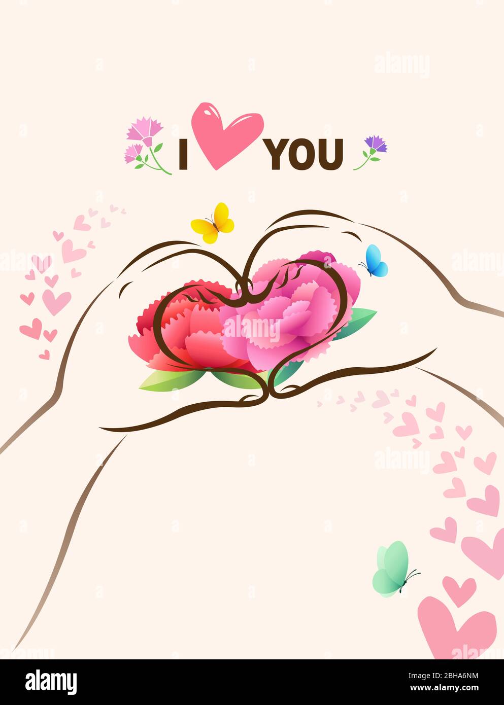 Happy mother's day, heart shaped child hand and carnation flower. I love you concept. Stock Vector
