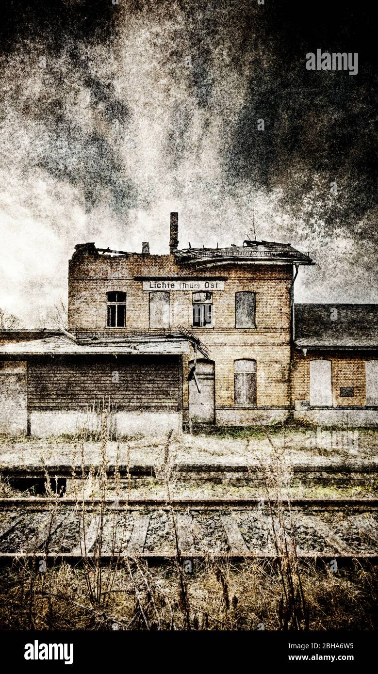 Railway station, track, station, dilapidated, closed, digitally processed, RailArt Stock Photo