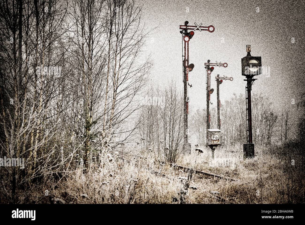 Signals, out of order, tracks, scrub, overgrown, fog, digitally edited, RailArt Stock Photo