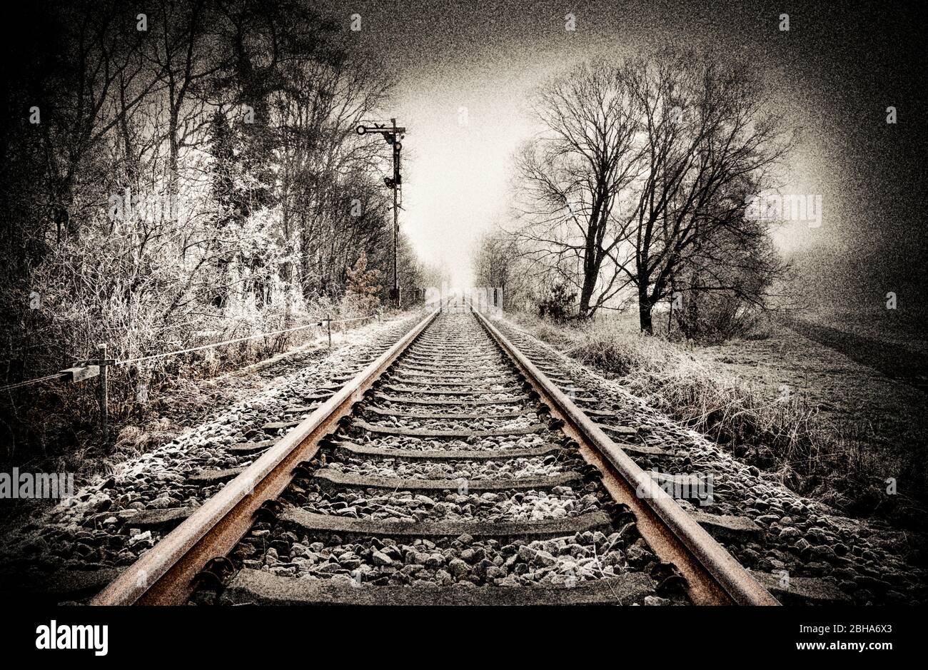 Signal, track, fog, hoarfrost, backlight, digitally processed, RailArt Stock Photo