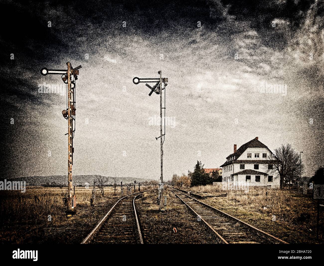 Tracks, signals out of service, platform, digitally processed, RailArt Stock Photo