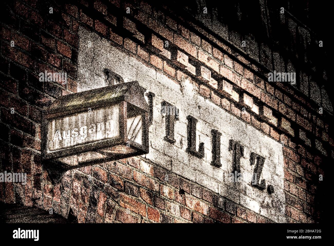Weathered sign, brick wall, station name, digitally edited, RailArt Stock Photo