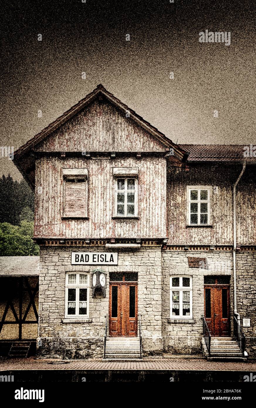 Building, uninhabited, weathered, gable wall, station sign, digitally processed, RailArt Stock Photo