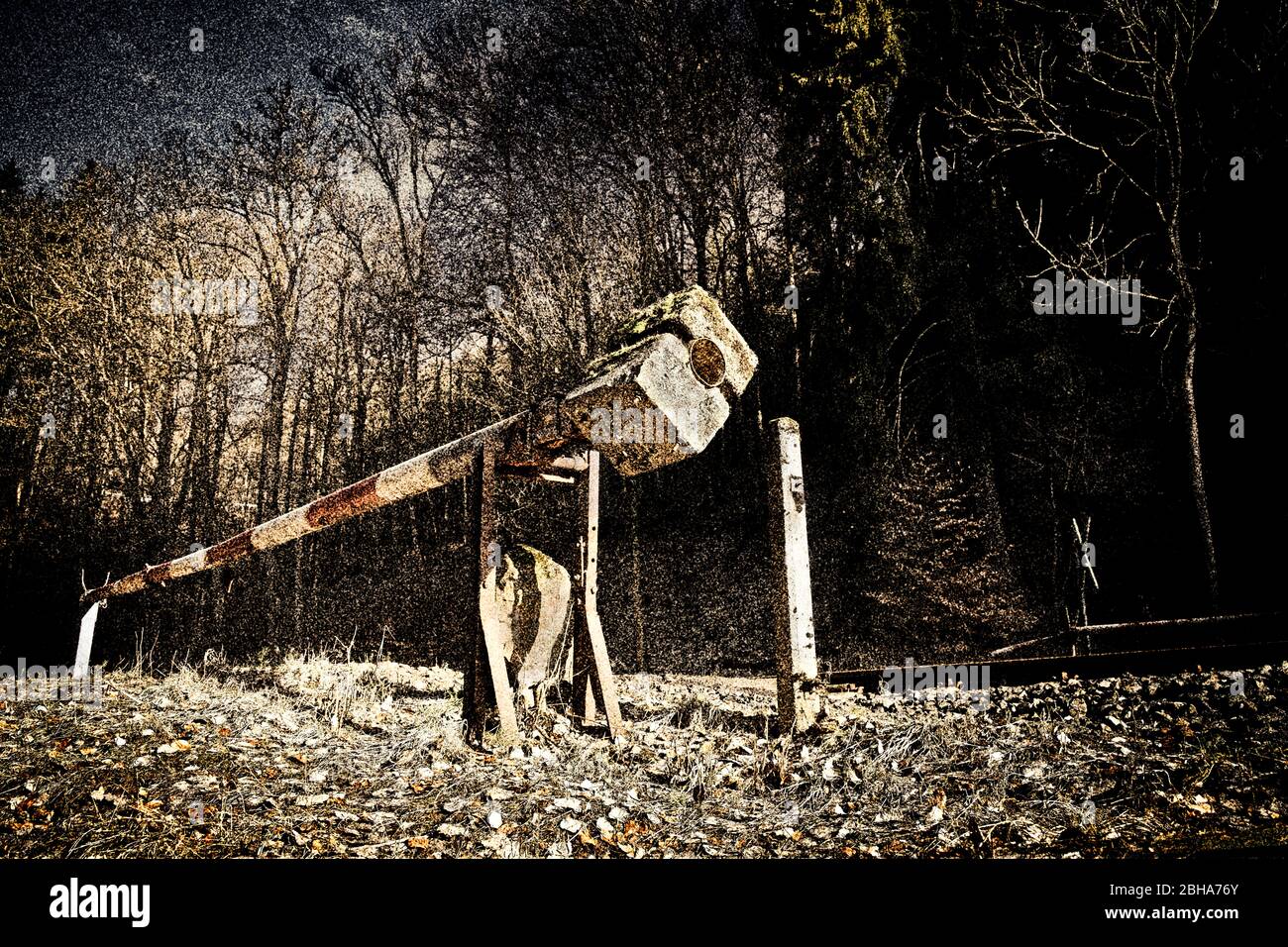 Railroad crossing, barrier out of service, desolate, counterweight, digitally processed, RailArt Stock Photo