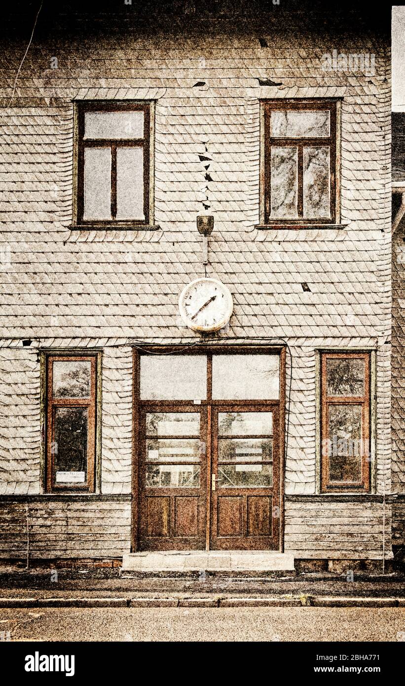 Wall, slated, entrance, window, broken clock, building, digitally processed, RailArt Stock Photo