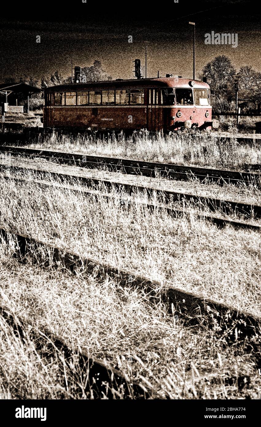 Railroad tracks, grass, wild, railbus, digitally processed, Color Key, RailArt Stock Photo