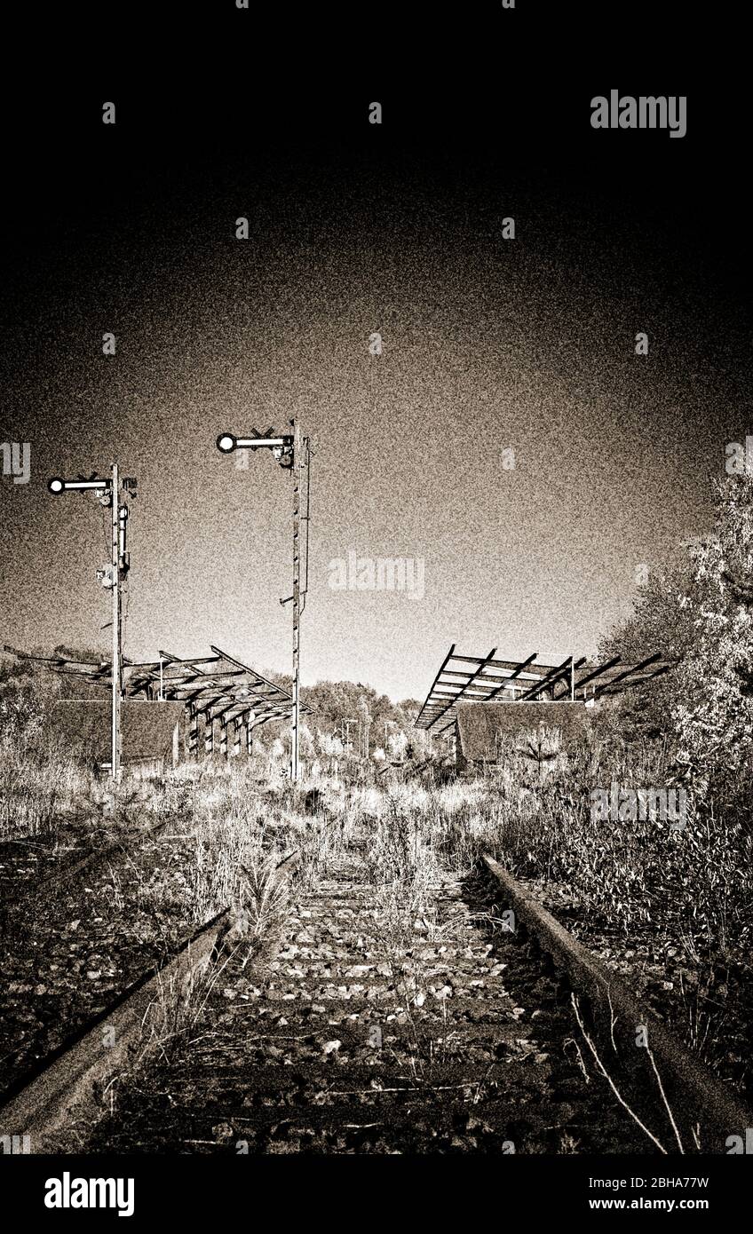 Signals, tracks, platforms, grass, bushes, scrub, wild, digitally edited, RailArt Stock Photo