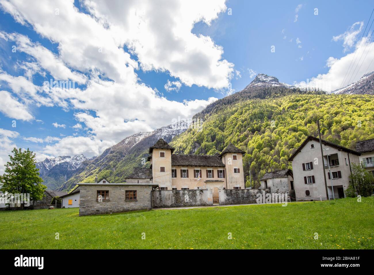 Switzerland, Alps, Ticino, Locarno, Verzasca Valley, Brione Verzasca, Castello, Castle Stock Photo