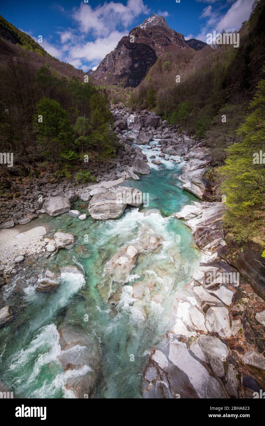 Switzerland, Alps, Ticino, Locarno, Verzasca Valley, Verzasca, green water, smooth rocks Stock Photo