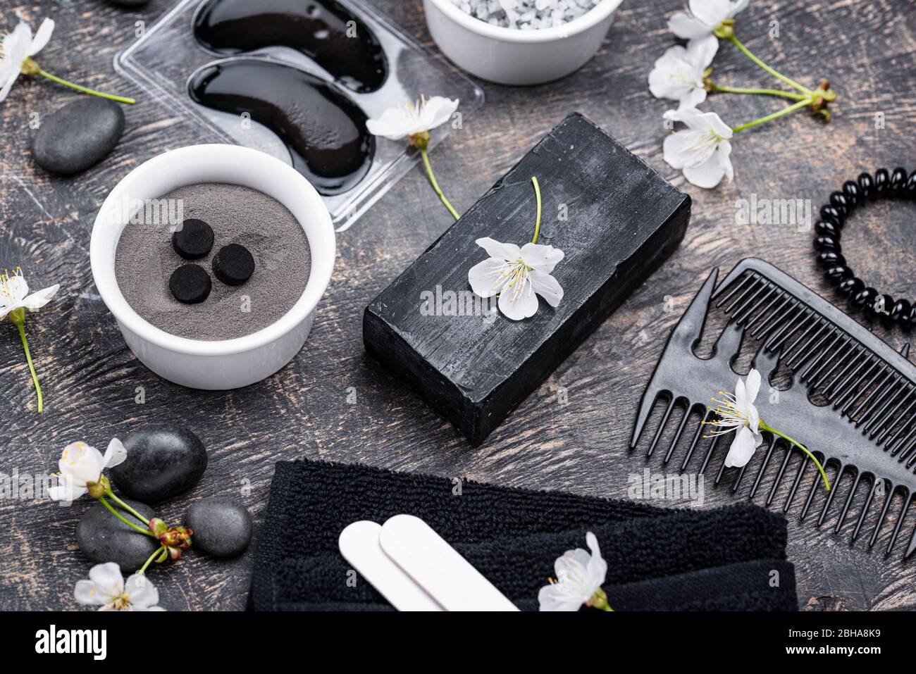 Set of black charcoal detox cosmetics Stock Photo Alamy