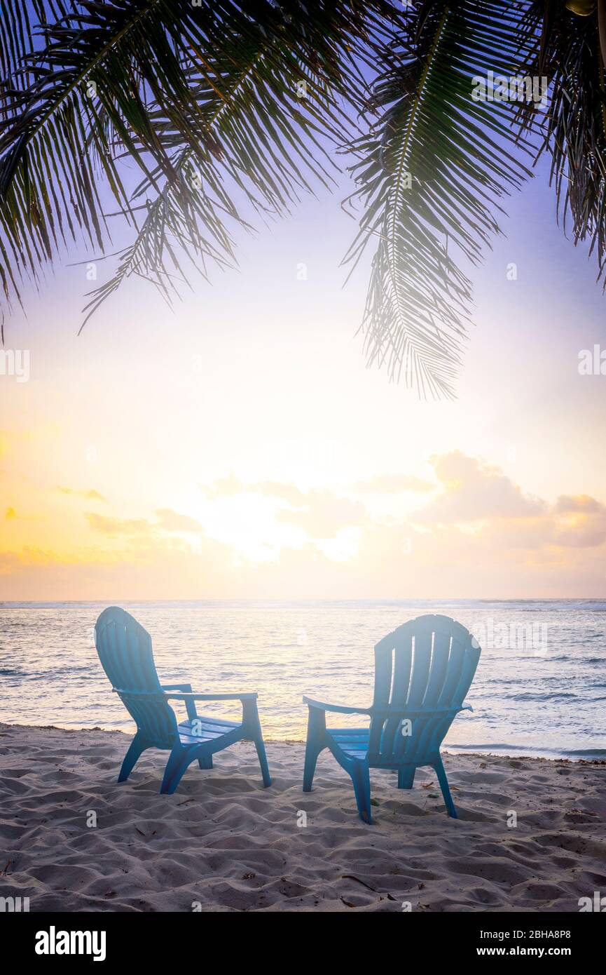 Two beach chairs with palm tree and bright flare from sun, Grand Cayman