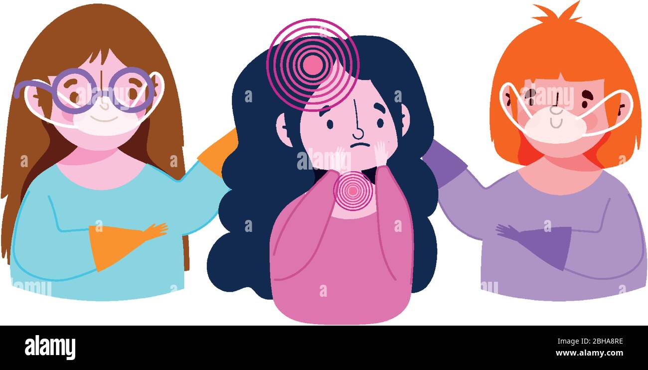 covid 19 coronavirus, boy and girls with mask care at sick girl vector