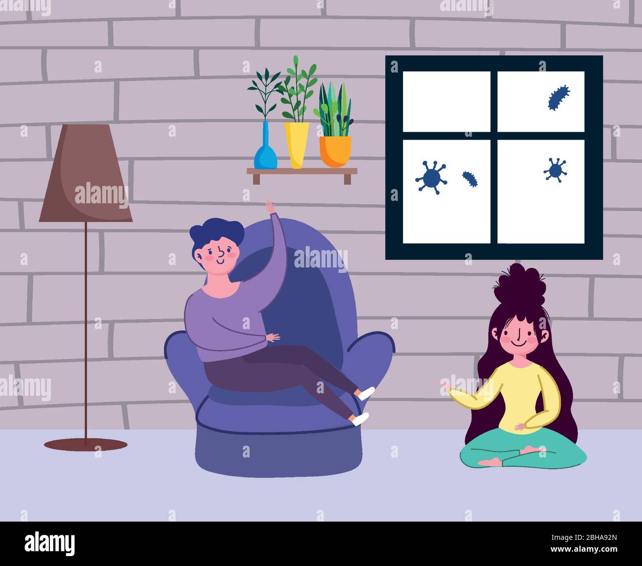 man on chair girl sitting on floor, quarantine stay at home vector ...