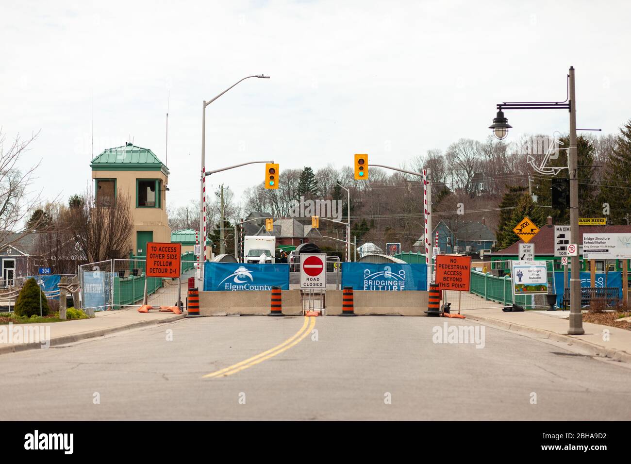 The King George VI lift bridge spans Kettle Creek where it bisects Port Stanley. It will be closed from. April 2020 to March 2021 for improvements, as Stock Photo