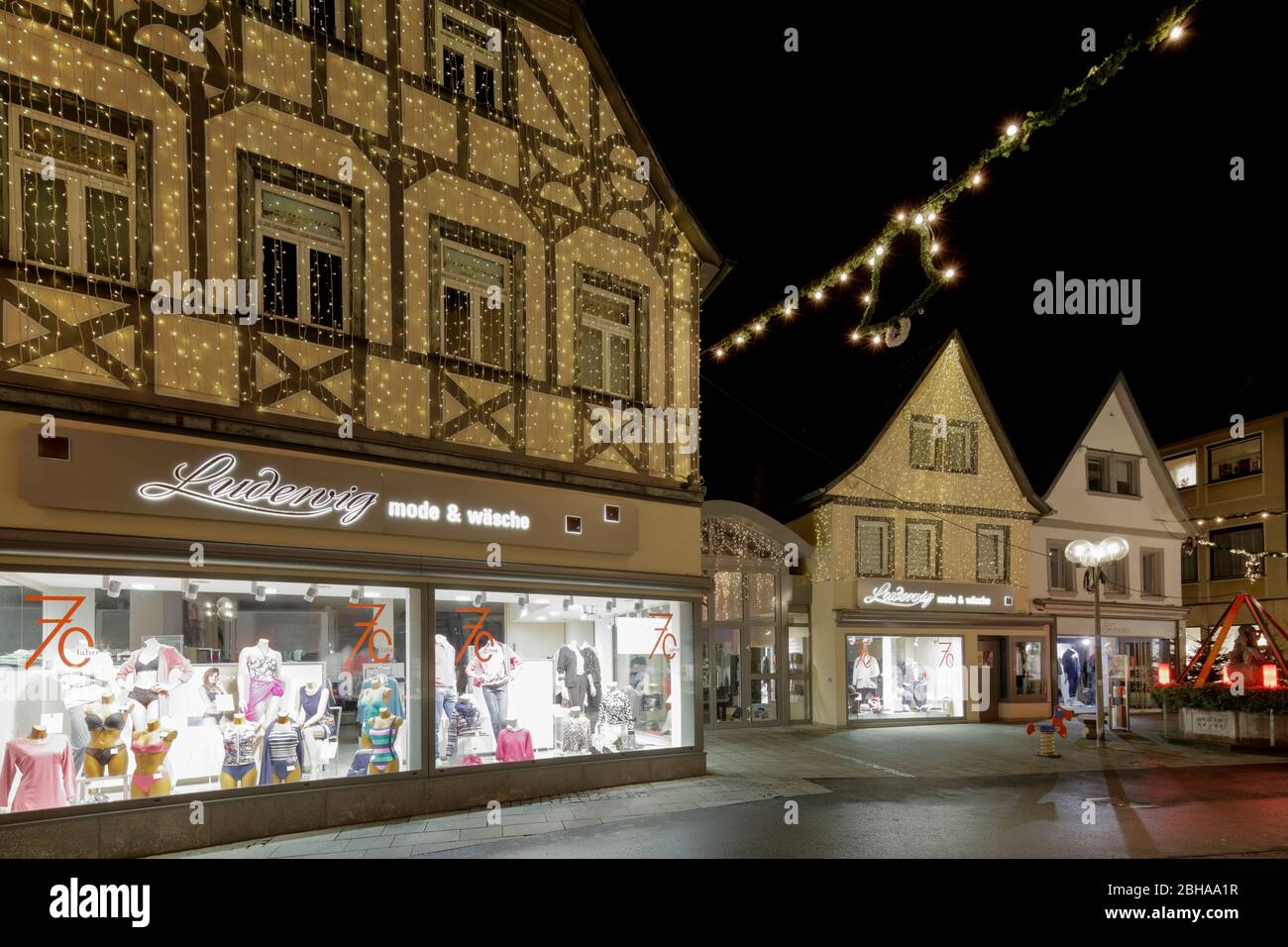 Fußgängerzentrum, Kurstadt, Abend, Weihnachtsdekoration, Bad Kissingen, Franken, Bayern, Deutschland, Stock Photo