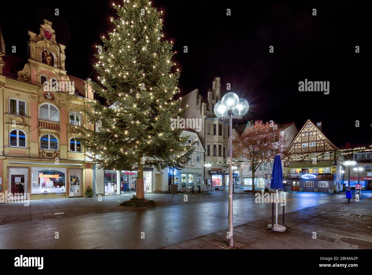 Marktplatz, Fußgängerzentrum, Kurstadt, Abend, Weihnachtsdekoration, Bad Kissingen, Franken, Bayern, Deutschland, Stock Photo