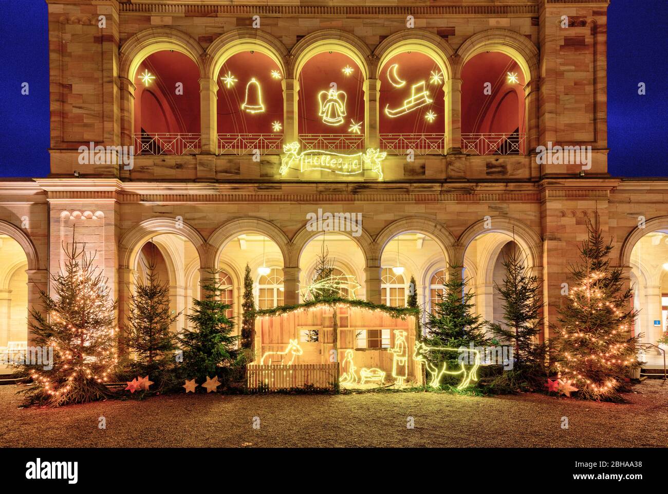 Abend, Arkadenbau, Arkaden, Advent, Weihnachten, Bad Kissingen, Franken, Bayern, Deutschland, Europa Stock Photo
