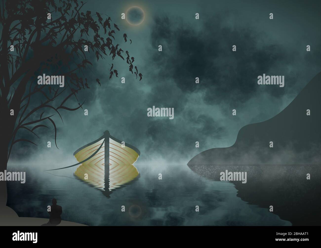 Boat in the dark, moonlight. illustration Stock Photo