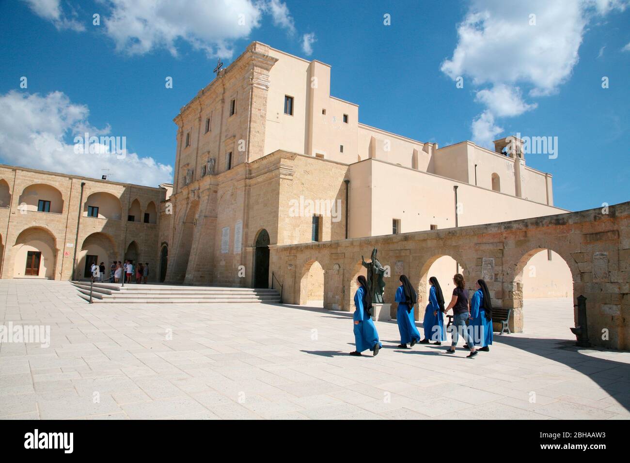 Sanctuary San Maria de Finibus Terrae with nuns, Santa Maria di Leuca, Puglia Stock Photo