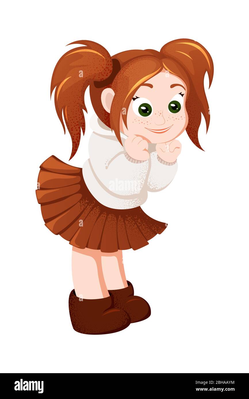 Vector redhaired girl is glad to see something. Ginger schoolgirl