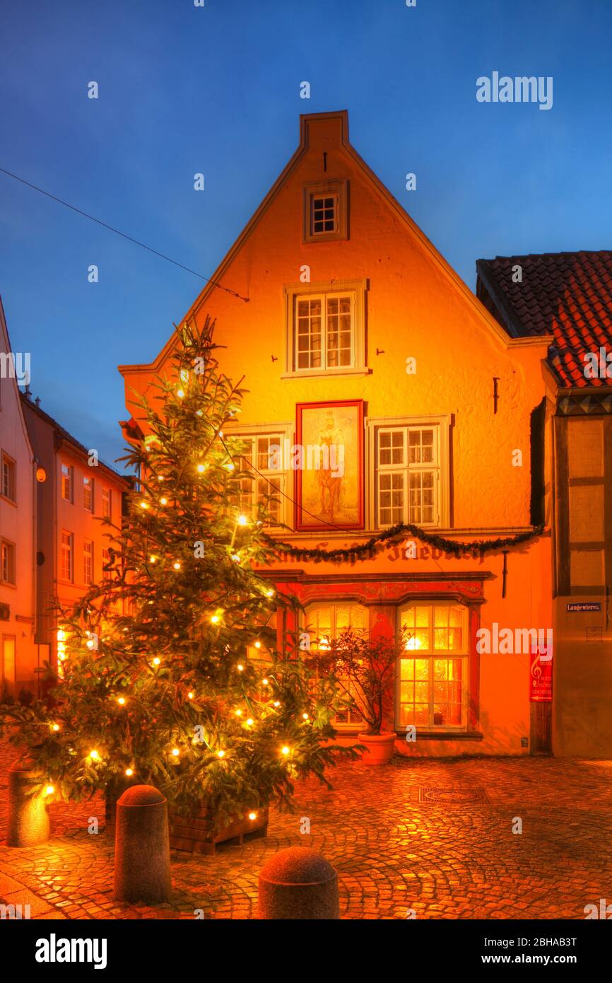 Historisches Gasthaus Zum Kaiser Friedrich mit Weihnachtsbaum im Schnoorviertel, Bremen, Deutschland, Europa Stock Photo