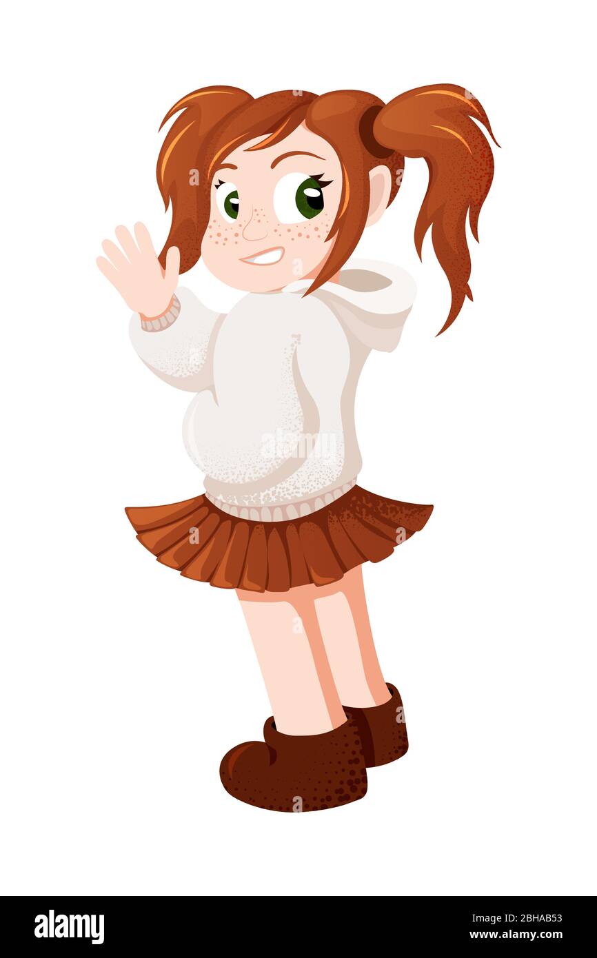 Vector redhaired girl is wave and smiling. Ginger schoolgirl vector