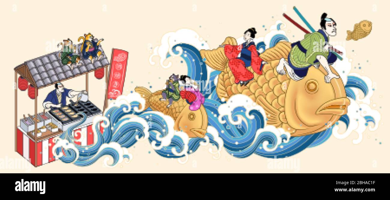 People riding on taiyaki snacks and flying up from street vendor in ukiyo-e style, fish-shaped cake written in Japanese texts on flags Stock Vector