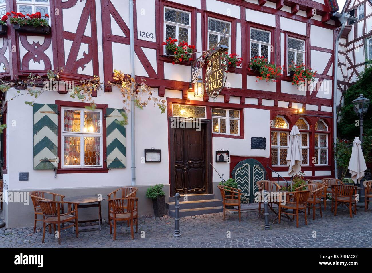 Wine house Old house at the old market square in the evening light in Bacharach am Rhein, Bacharach, Rhine Valley, UNESCO World Heritage Upper Middle Rhine Valley, Rhineland-Palatinate, Germany Stock Photo