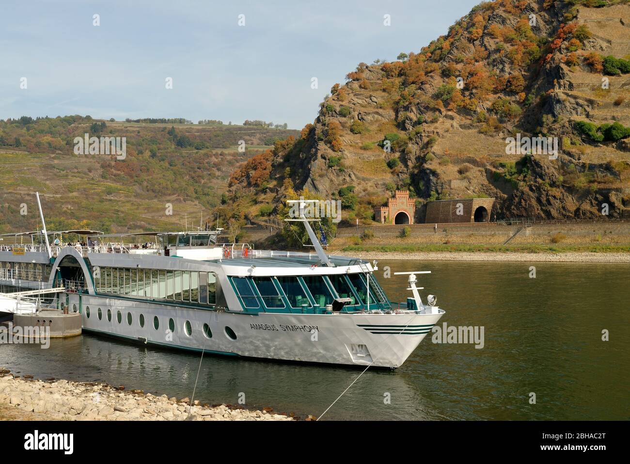 View from the banks of the Rhine from St. Goar to the landing stage of the pleasure boat Amadeus Symphony and the slate rock Loreley, St. Goar, UNESCO World Heritage Site Upper Middle Rhine Valley, Rhine Valley, Rhineland-Palatinate, Germany Stock Photo