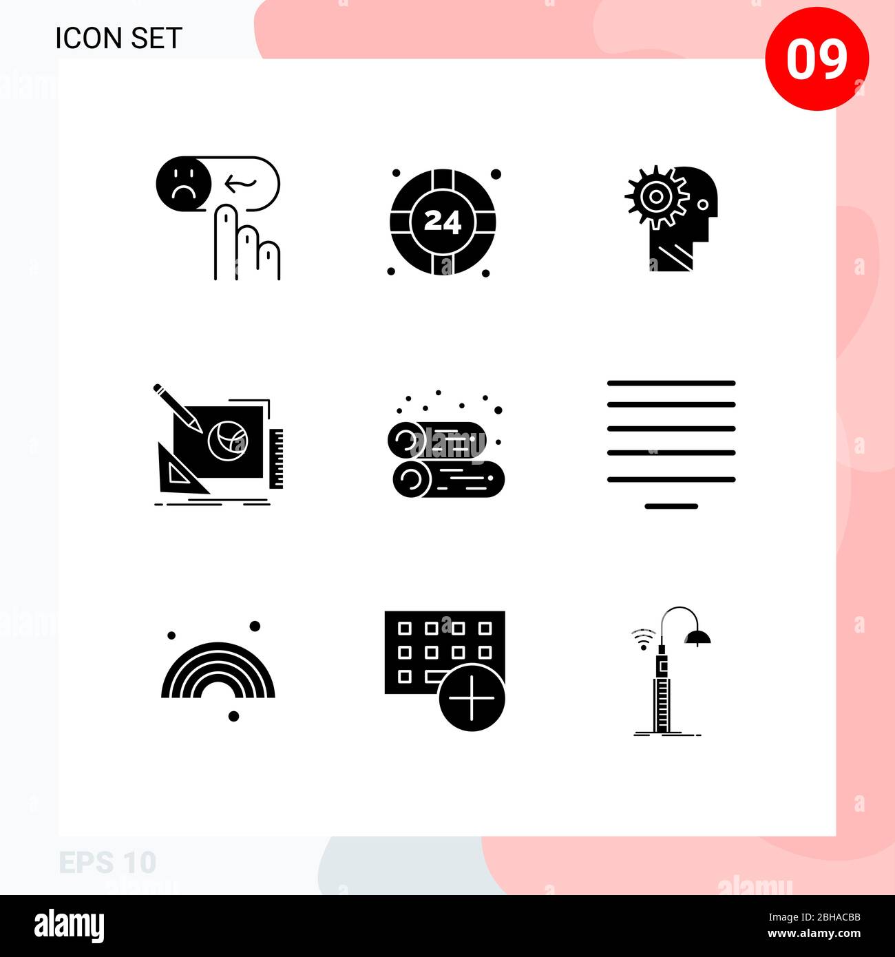 Pack of 9 Modern Solid Glyphs Signs and Symbols for Web Print Media such as design, working, help desk, personal, man Editable Vector Design Elements Stock Vector