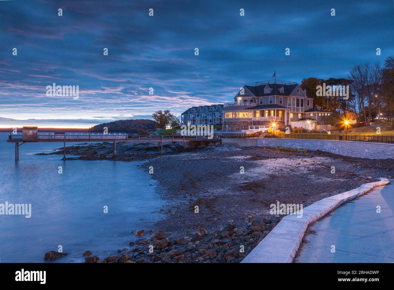 USA, Maine, Mt. Desert Island, Bar Harbor, Bar Harbor Inn hotel, autumn, dawn Stock Photo