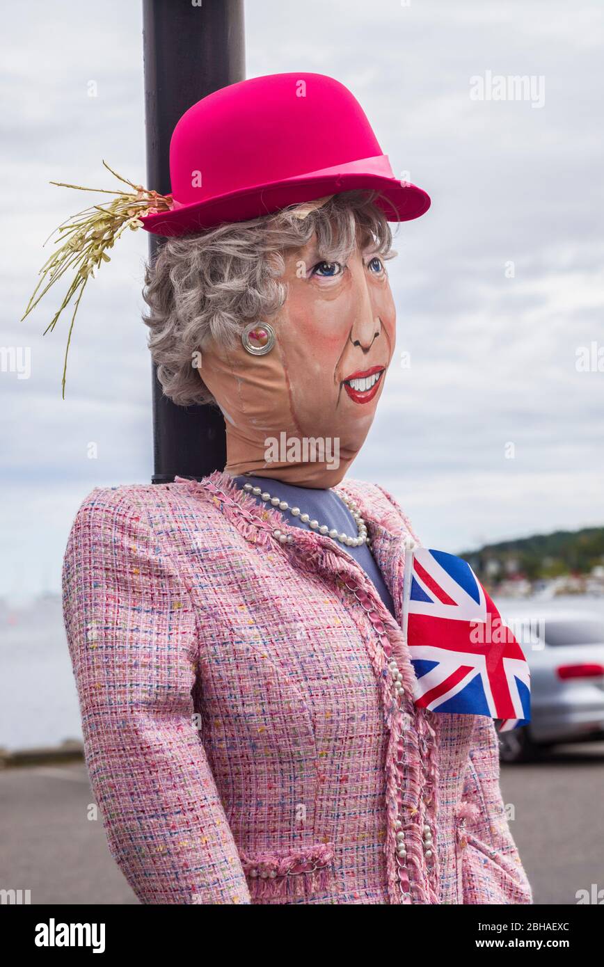 Canada, Nova Scotia, Mahone Bay, Scarecrow Festival, scarecrow with likeness of HM Queen Elizabeth II Stock Photo