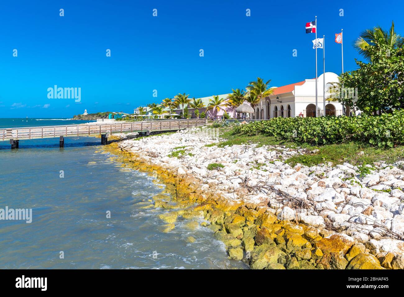 Touristenzentrum, Amber Cove Cruise Terminal, Hafen, Maimón, Dominikanische Republik, Große Antillen, Karibik, Atlantik, Mittelamerika Stock Photo