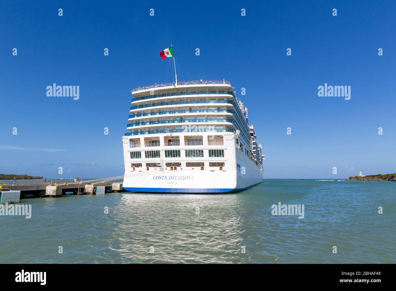 Kreuzfahrtschiff Costa Deliziosa im Hafen von Amber Cove, Amber Cove Cruise Terminal, Hafen, Maimón, Dominikanische Republik, Große Antillen, Karibik, Stock Photo