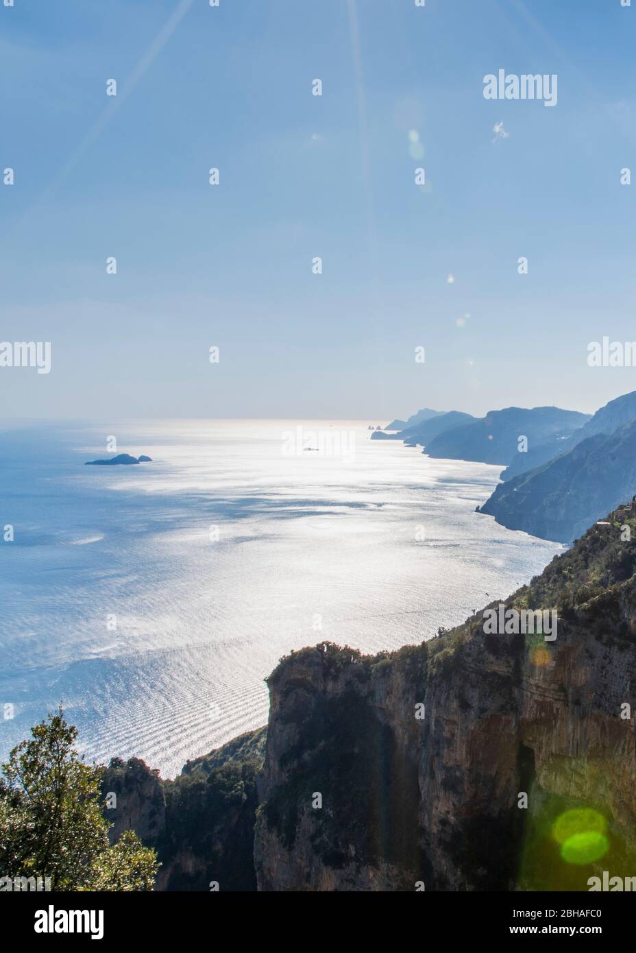 The Way of the Gods: Sentiero degli Dei. Incredibly beautiful hiking path high above the Amalfitana or Amalfi coast in Italy, from Agerola to Positano. March 2019. Coastal Panorama Stock Photo