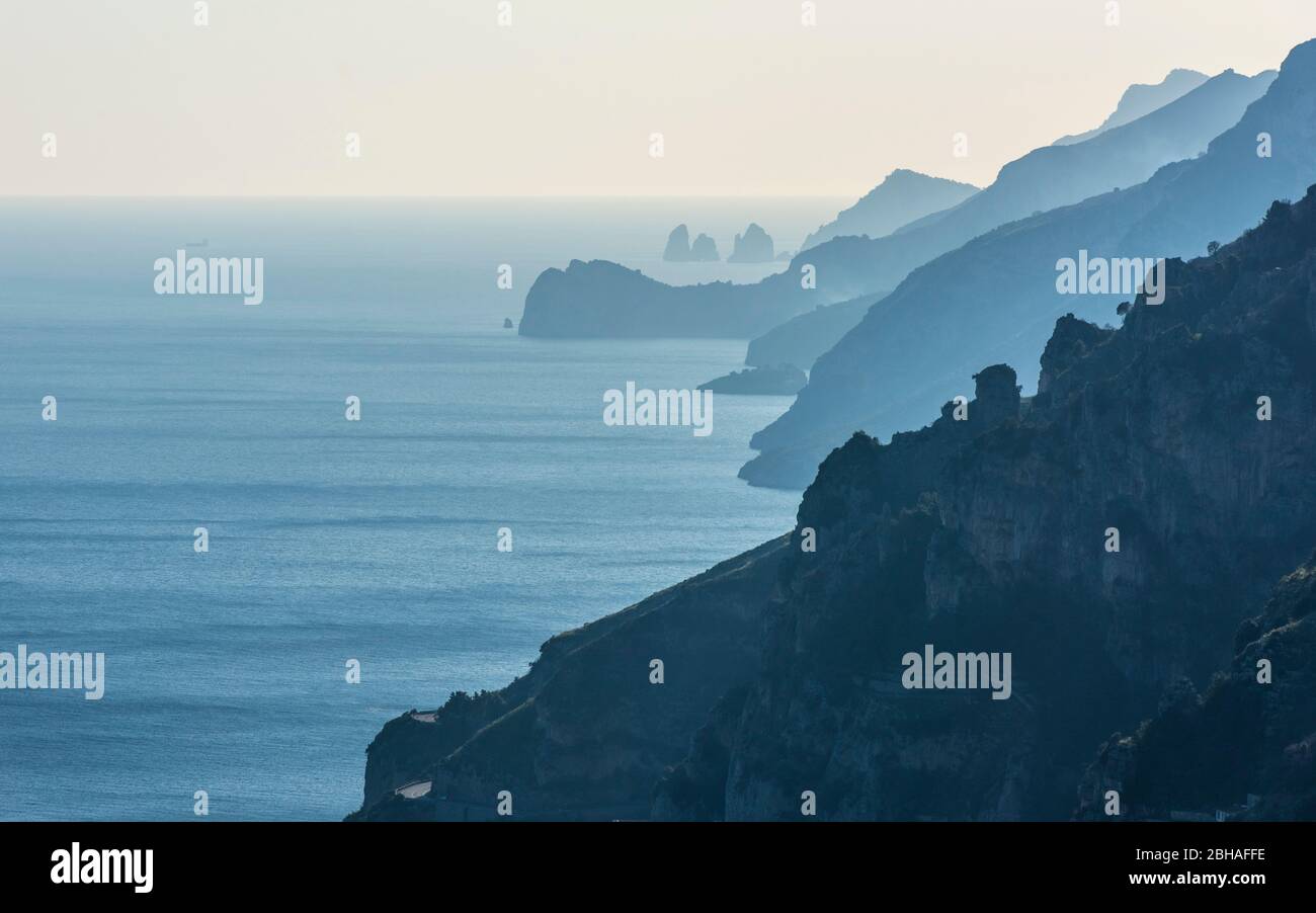 The Way of the Gods: Sentiero degli Dei. Incredibly beautiful hiking path high above the Amalfitana or Amalfi coast in Italy, from Agerola to Positano. March 2019. Coastal Panorama. Stock Photo