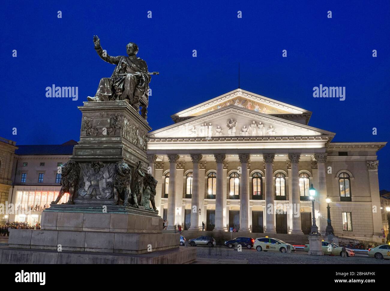 Germany, Bavaria, Munich, Max-Joseph-Platz, Bavarian National Theater, Bavarian State Opera, King Max I Joseph, in the evening Stock Photo