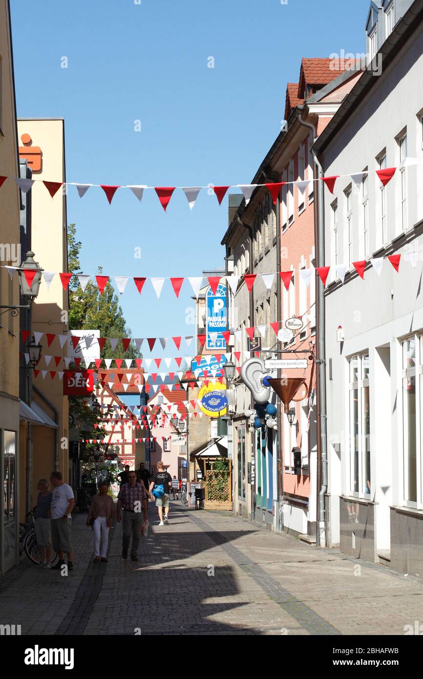 Badstrasse adorned with flags, Bayreuth, Upper Franconia, Franconia, Bavaria, Germany, Europe Stock Photo