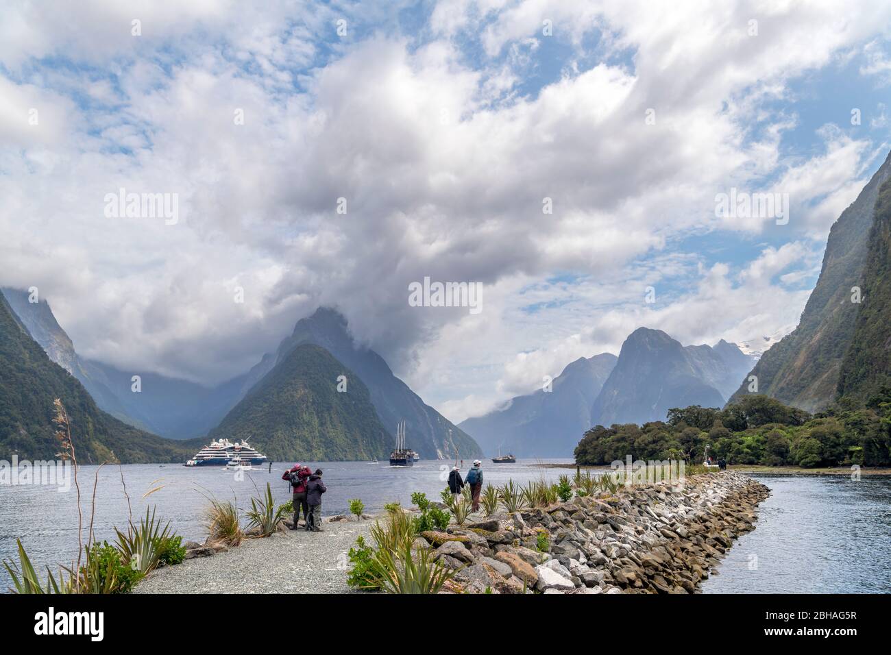 View from the breakwater looking towards Mitre Peak, Milford Sound, Fiordland National Park, South Island, New Zealand Stock Photo