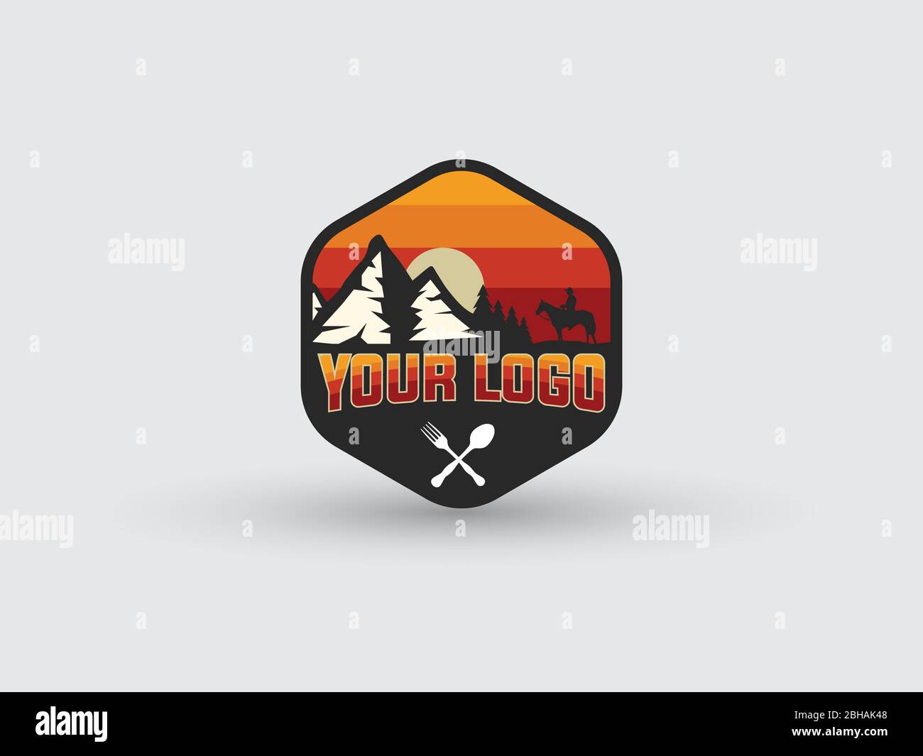 restaurant logo sunset mountain fork spoon Stock Vector