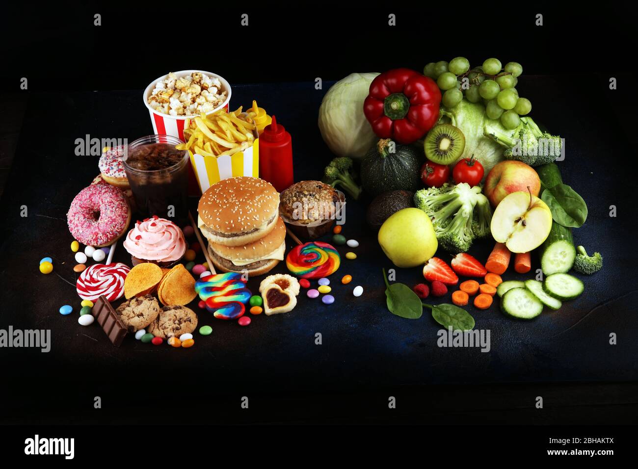 healthy or unhealthy food. Concept photo of healthy and unhealthy food