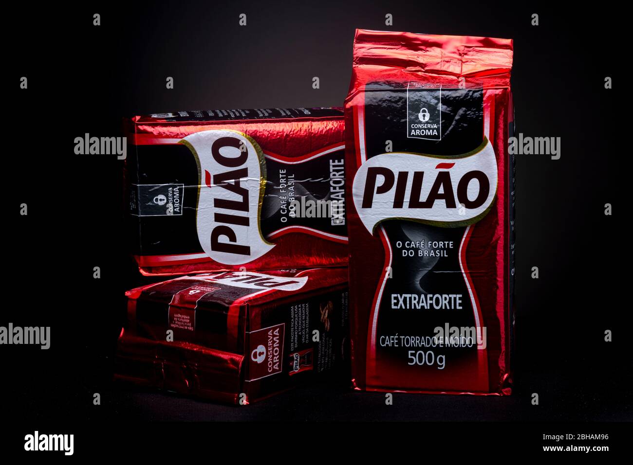 Packages of Brazilian coffee vacuum packed of the Pilão brand. Low key