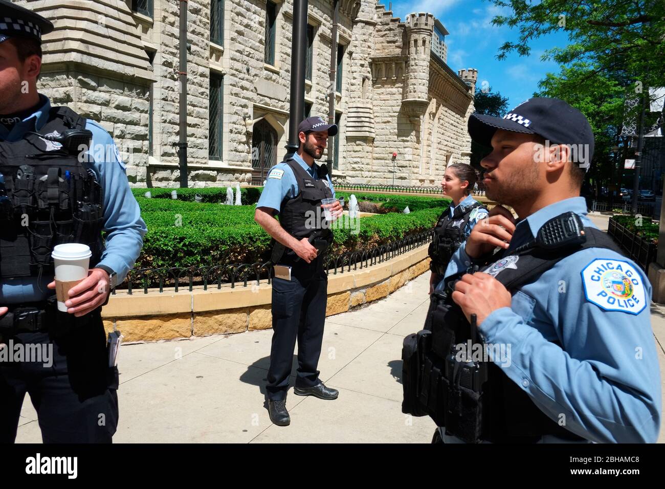 Chicago police officers, wearing bullet proof vest, on patrol in Downtown Chicago Stock Photo