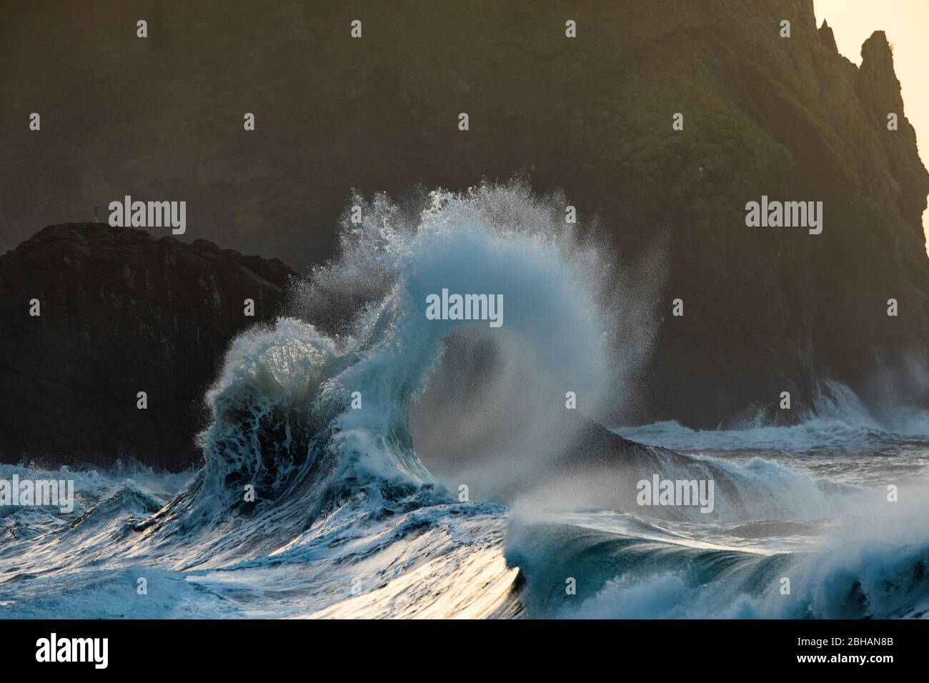 Waves crashing on seashore, Cape Disappointment State Park, Washington, USA Stock Photo