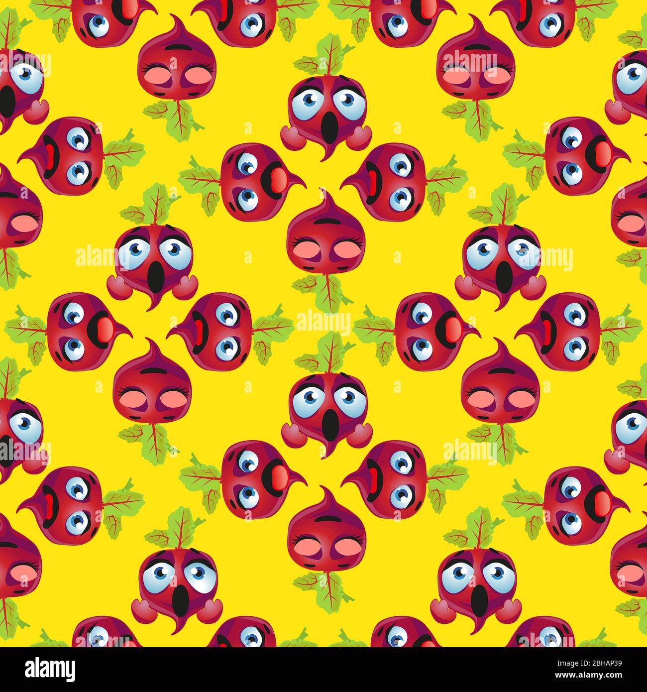 Cute seamless pattern with cartoon emoji beetroot on yellow background Stock Vector