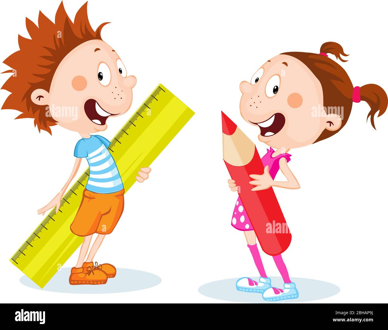 Back To School Student Girl And Boy Hold School Supplies Ruler And Pen Vector Cartoon Flat Design Illustration Isolated On White Background Stock Vector Image Art Alamy