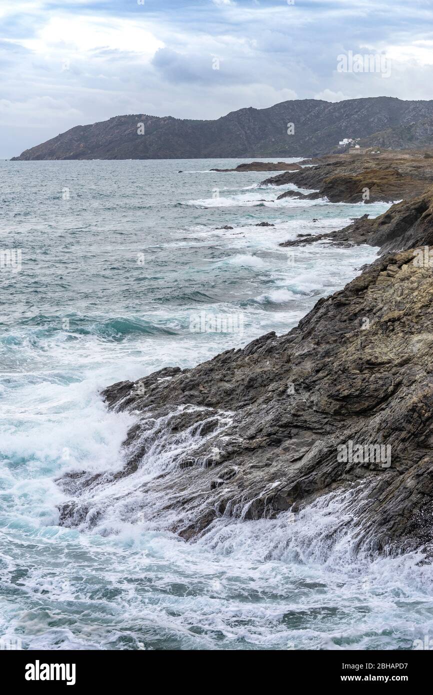 Europe, Spain, Catalonia, Costa Brava, Rugged coastline just before Port de la Selva Stock Photo