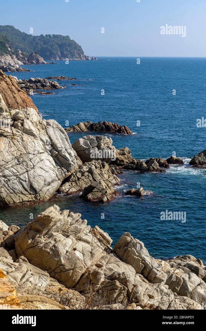 Europe, Spain, Catalonia, Costa Brava, Rugged coastline on the Costa Brava just before Lloret de Mar. Stock Photo