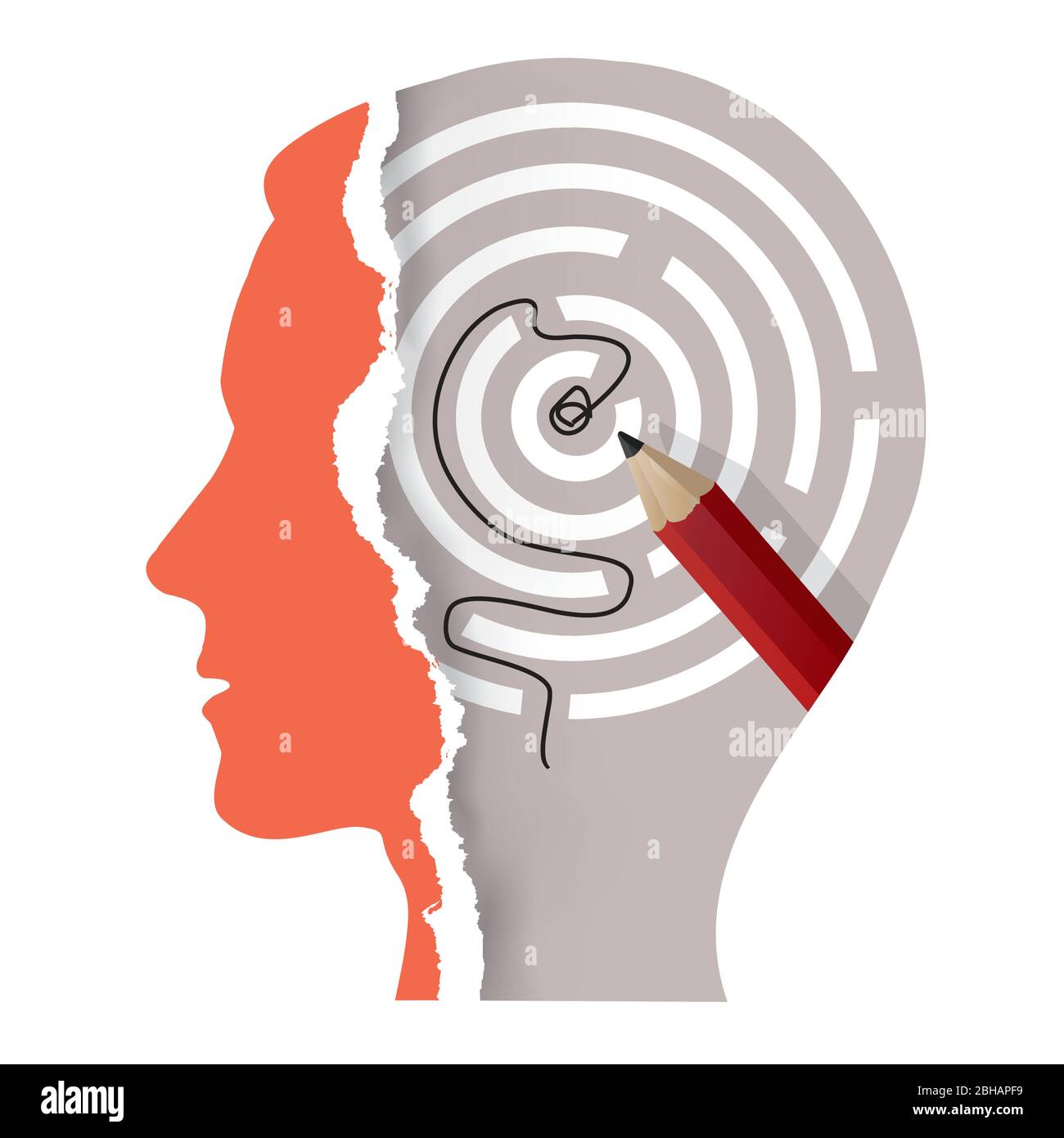 Male head silhouette and solved labyrinth. Illustration of Stylized torn paper male head silhouette with maze and pencil. Psychology cocept. Stock Vector